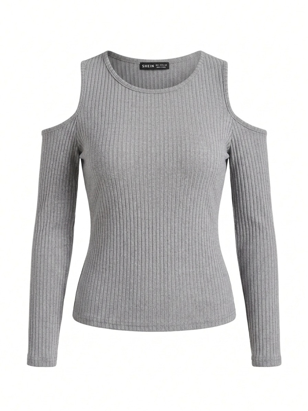 SHEIN Gray Ribbed Cold-Shoulder Long Sleeve Top